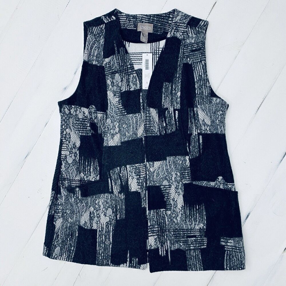 NEW Chico’s Womens Lace Overlay Jenna Vest Black Gray Open Front Vest Size 1/Med